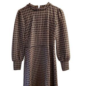 Ann Taylor Black Plaid Mock Neck Long Sleeve Lined Fit & Flare Dress Sz 6